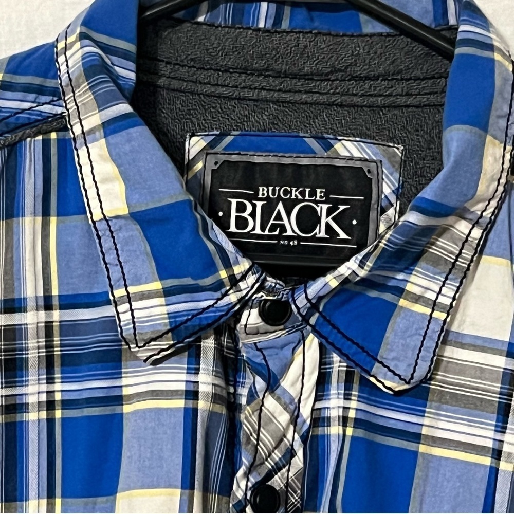 Buckle Black LS Shirt Men's XXL Blue Yellow Plaid Button Down Metal Buttons - Picture 9 of 9